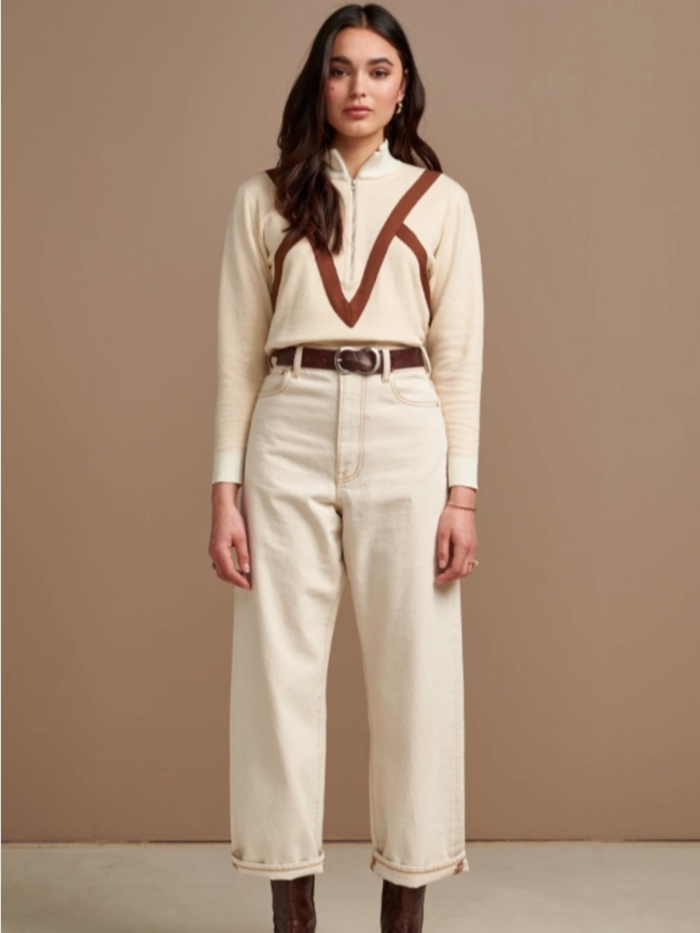 Bellerose gopih Milk chocolate Half-Zip knit wool Pullover sweater